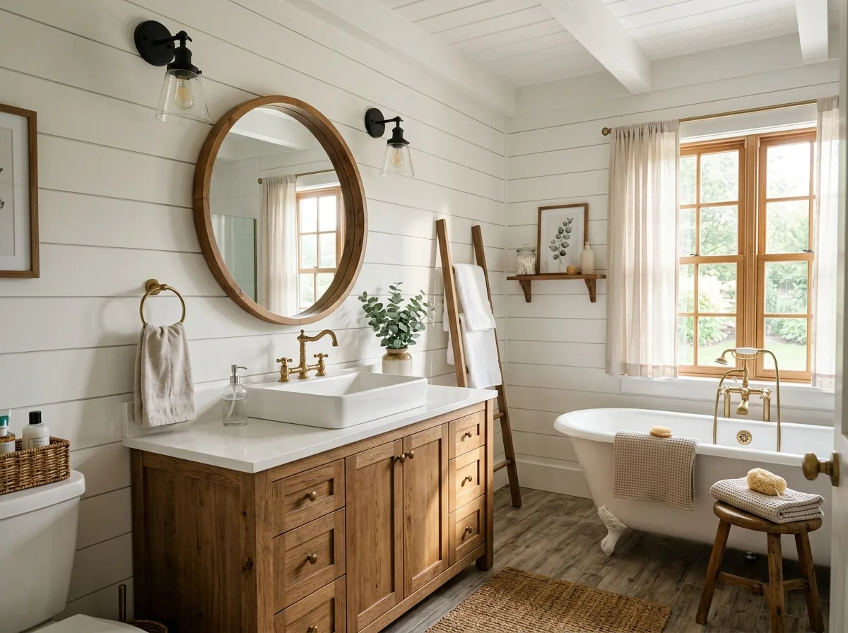 White and wood farmhouse bathroom design